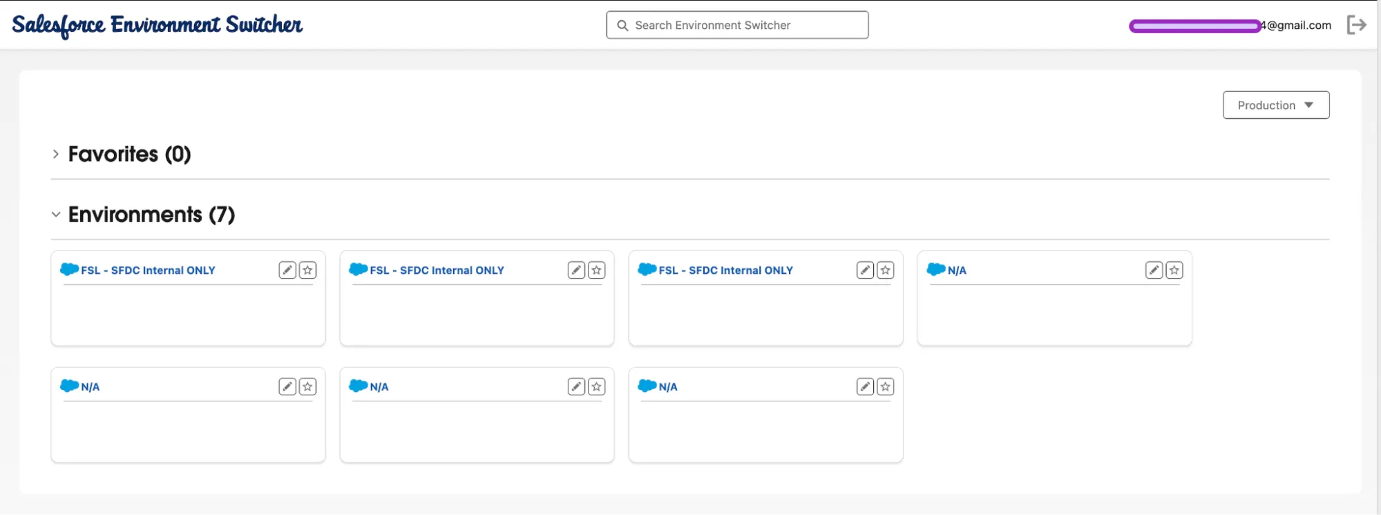 Salesforce Environment Switcher showing a list of connected environments and favorite orgs for a user email.
