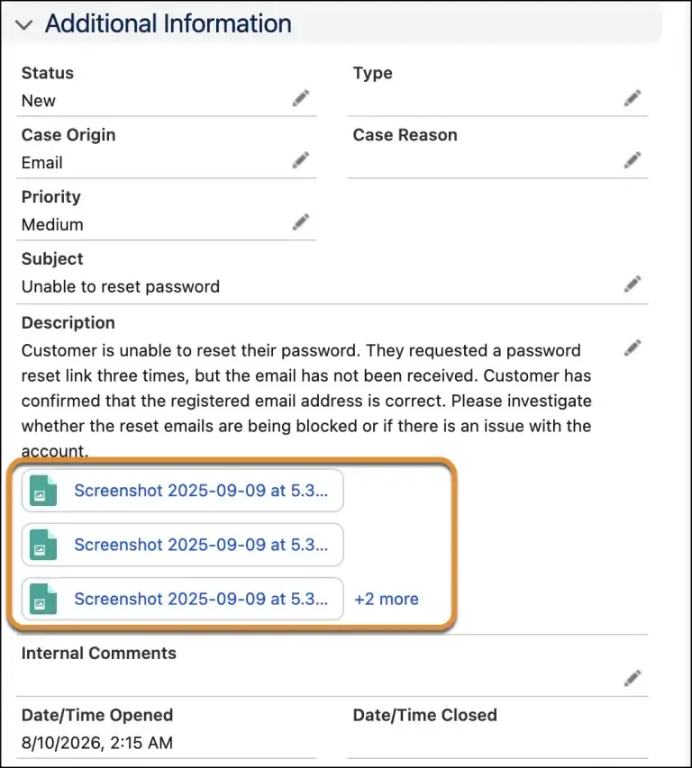 Additional Information section on a Salesforce case record, showing case attachments displayed as inline tiles beneath the Description field.