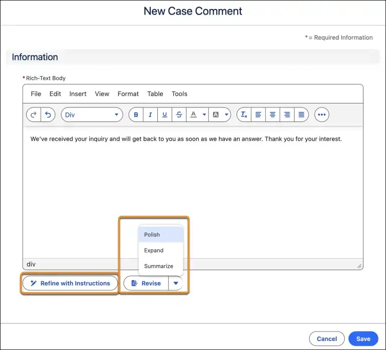 New Case Comment modal in Salesforce, highlighting the AI writing tools options such as "Polish", "Expand", "Summarize", or "Refine with Instructions".