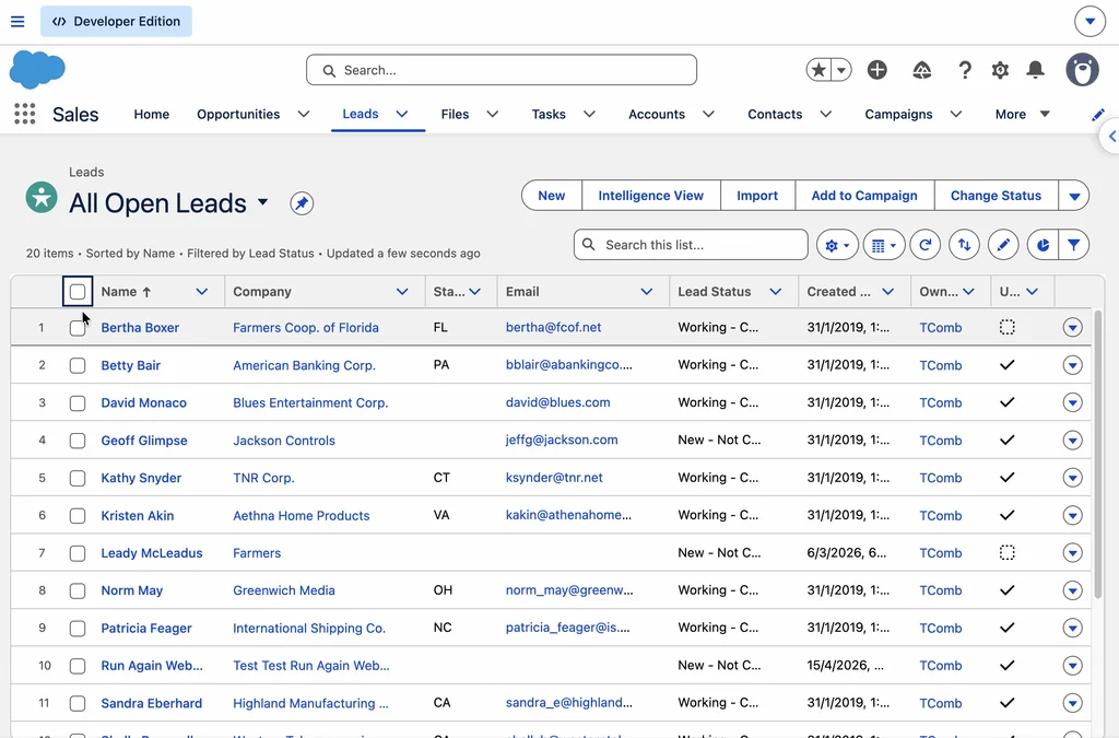 A Salesforce list view showing multiple records selectable with checkboxes to run a bulk screen flow action.